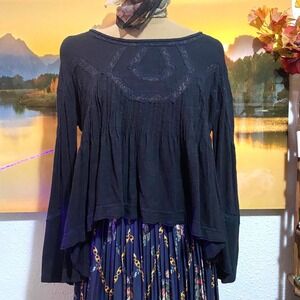 Free People Babydoll Top Boho Indie witchy Peasant Women Lace Keyhole XS Black